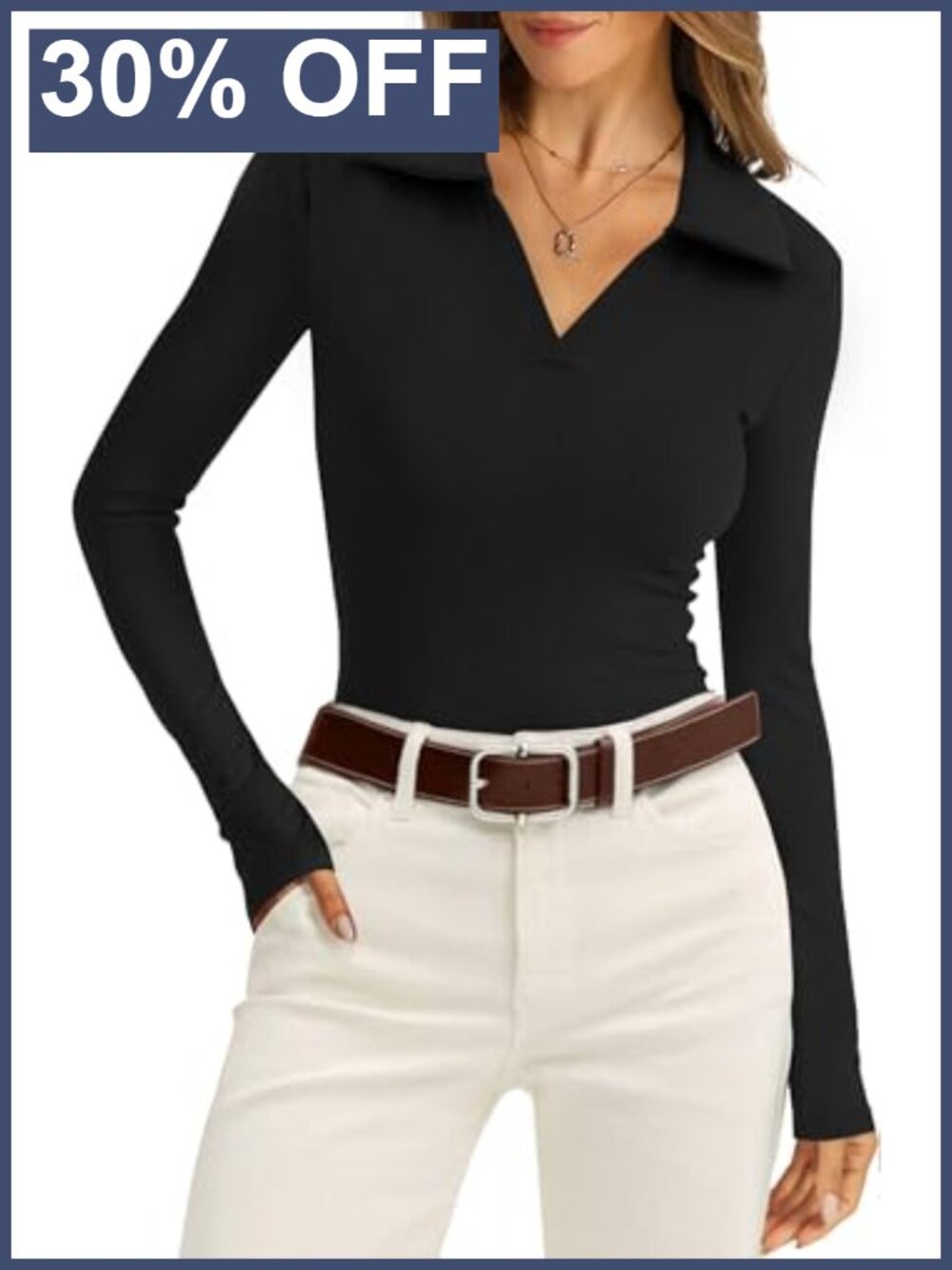 Long Sleeve Ribbed Knit Polo Sweater Womens Collared Business Casual Top